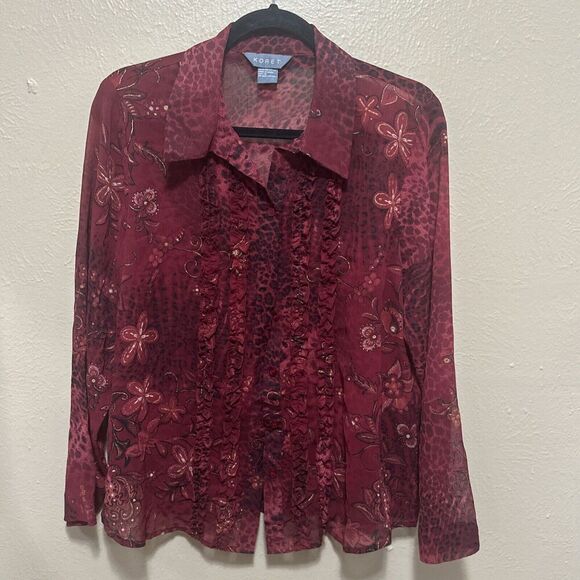 Koret Burgundy Floral Animal Print Ruffle‎ Sheer Blouse Top Size 12 - Picture 1 of 7